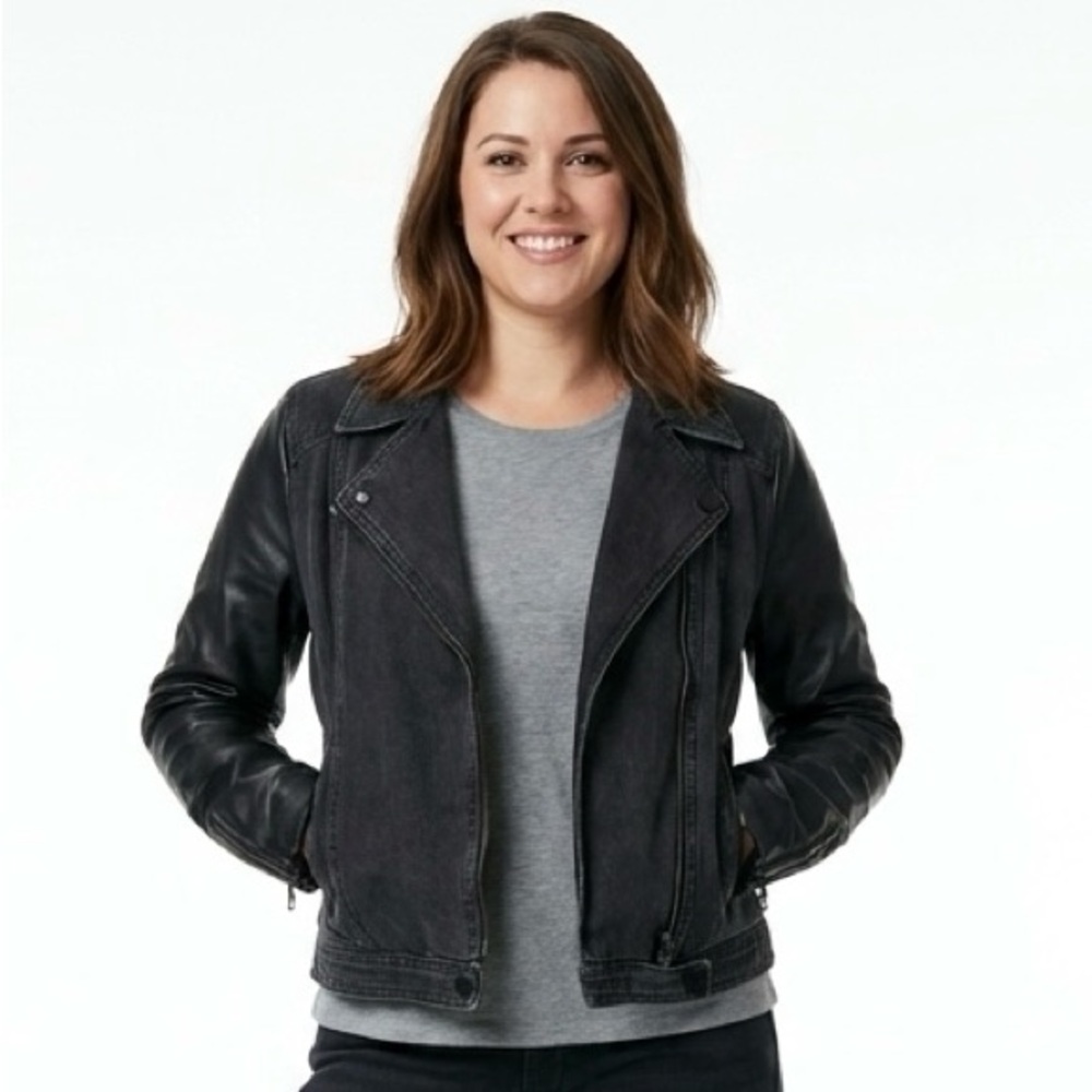 Tommy Hilfiger Women's Jacket Moto Black Denim Faux Vegan Leather Sleeves Size L